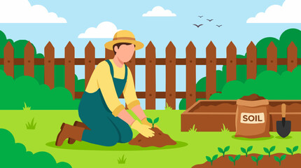 Naklejka premium Spring Gardening: Person Planting Young Seedling in Outdoor Garden
