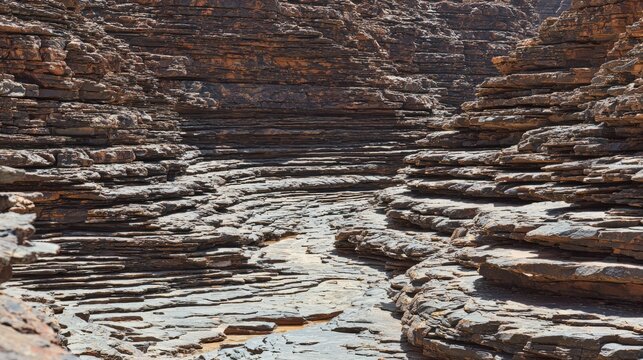 tonalite. Stepped rock layers in a canyon wall, desert landscape. travel magazines, destination branding, wall prints, designed for outdoor magazines and nature guides, used by graphic designers.
