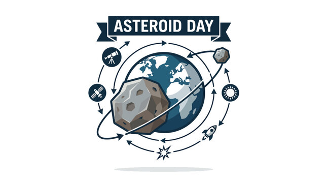 Asteroid Day illustration shows Earth with asteroid and space debris orbiting