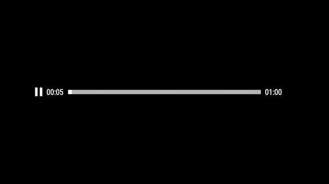 Minimalist video player interface animation, white pause button with progress bar and timecode, podcast player progress indicator motion graphic. One minute music player animation multimedia concept. 