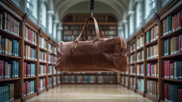 Leather duffel bag suspended in a library setting, showcasing its design and craftsmanship against a backdrop of colorful bookshelves and wooden flooring