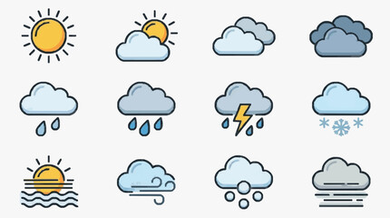 Obraz premium Creative Colorful Weather Icons Set with Sunny Cloudy Rainy Stormy and Snowy Illustrations with high quality professional line art symbols for modern creative design and digital branding projects