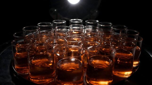 Collection of Amber Liquid in Glass Jars Illuminated by Spotlight.