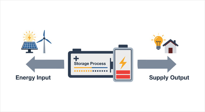Energy storage system with input and output illustration.