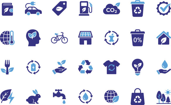 Eco Lifestyle icon set with recycling, renewable transport, zero waste and green living glyphs for sustainable lifestyle themes.
