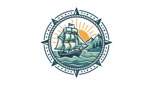 Nautical Compass Rose with Sailing Ship, Mountains, and Sunrise