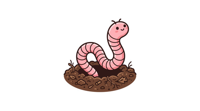 Cute Pink Worm Emerging from Soil Hole - Cartoon Illustration