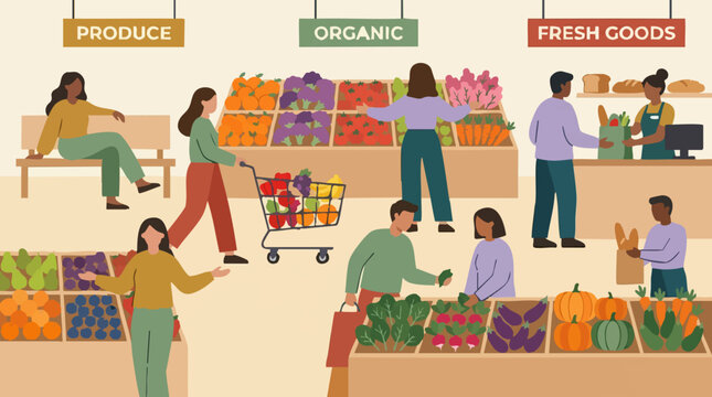 People shopping for fresh produce and organic food at a grocery store