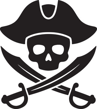 A black silhouette of a pirate skull wearing a tricorn hat with two crossed cutlass swords underneath, isolated on a also transparent background
