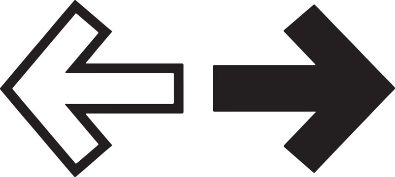 Set of two black and white arrow pointing in opposite directions, one outlined and one solid, for navigation and also transparent background