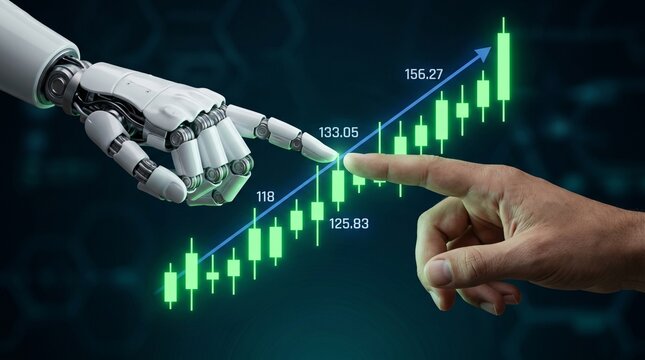 Robot and human hands touching rising financial stock market chart, ai trading and fintech investment concept