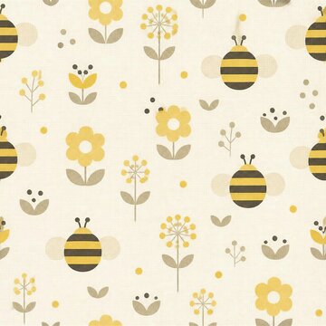 seamless pattern with flowers and bee illustration background