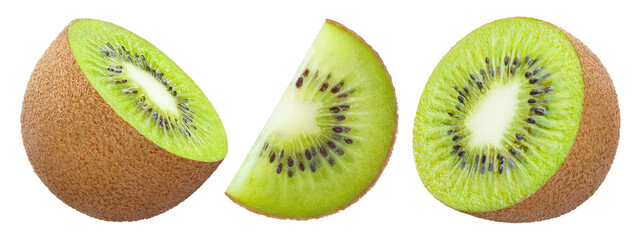 Fototapeta premium Set of delicious kiwi fruit slices, isolated on cutout transparent background