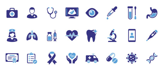 Fototapeta premium Healthcare icon set featuring medical care, diagnostics, treatment and emergency service glyph designs for clinic visuals.