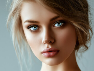 Fototapeta premium Blonde woman blue eyes pale skin closeup beauty portrait soft light natural makeup youthful serene