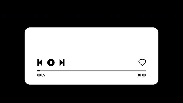 Minimalist media player progress bar animation with playback controls and Heart Icon, Timeline bar moving as song media playing. 4K video