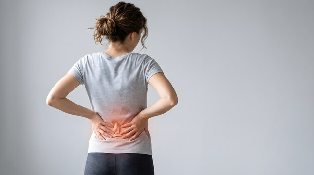 Young woman suffering from severe lower back pain, holding her painful spine with hands, symbolizing discomfort, injury, or a health problem