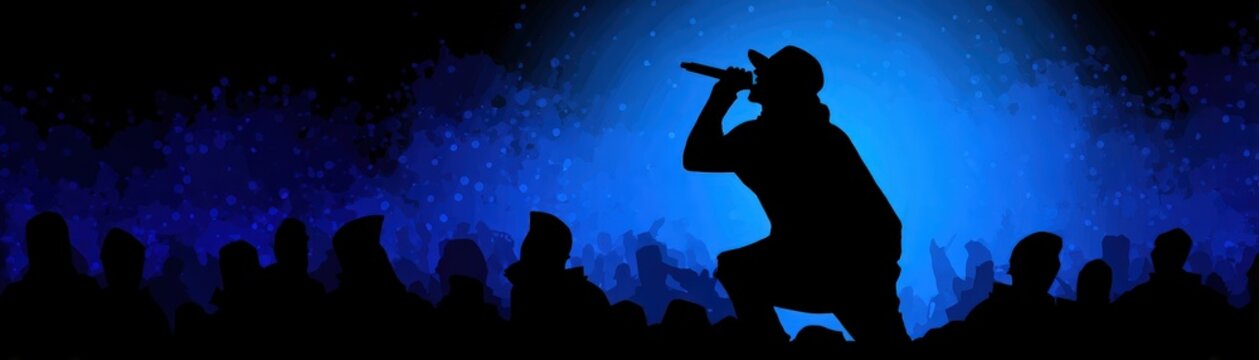 Silhouetted rapper performing on stage with a microphone, surrounded by an enthusiastic crowd against a vivid blue and black background.