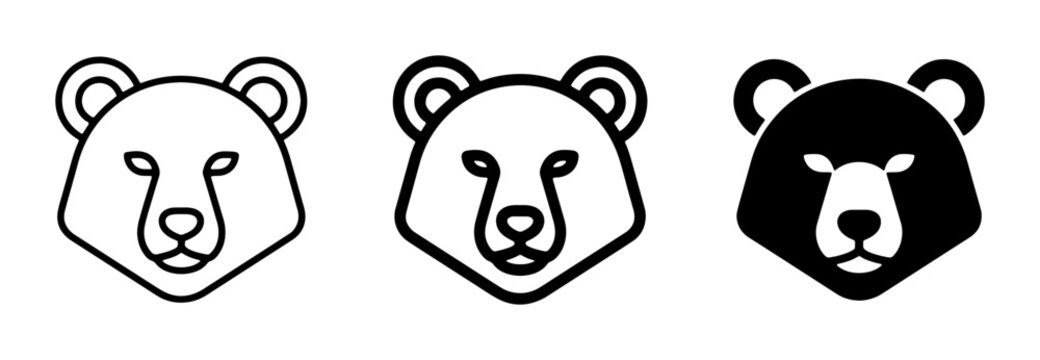 Bear Head Icons, Simple Vector Graphics for Wildlife and Nature Themes, Black and White Animal Symbols