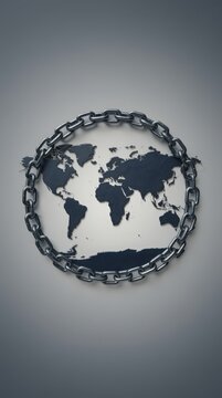 A metallic world map enclosed within a sturdy steel chain, symbolizing global security, protection, and interconnectedness.