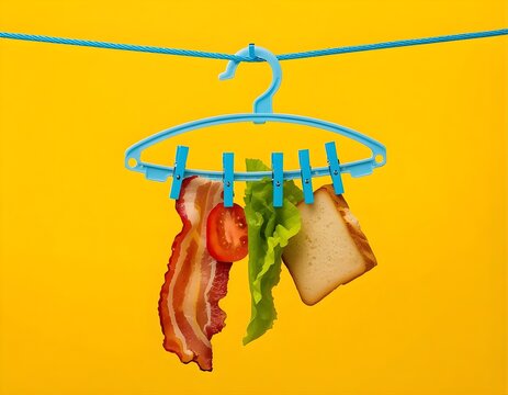 Creative BLT Sandwich Ingredients Hanging on a Blue Clothes Hanger Against Bright Yellow Background