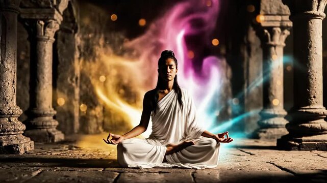 A serene woman meditates in lotus position in an ancient temple with colorful lights