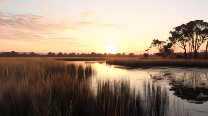 Fototapeta premium Sunrise over a tranquil wetland with reflective water pools and tall grasses