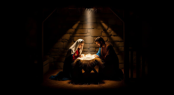 The nativity scene with mary and joseph in a stable at night nativity christmas