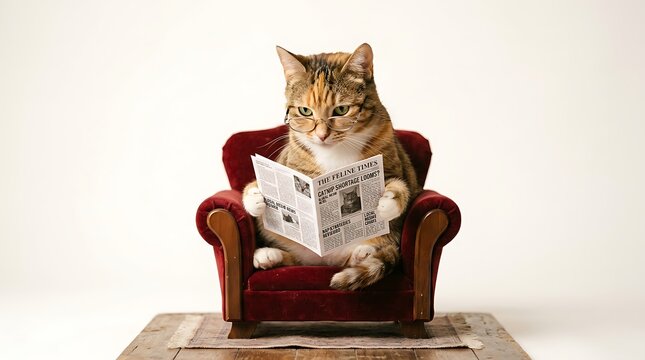 A cat sitting in a red armchair reading a newspaper on a wooden table