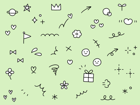 手書きの飾りイラストのベクターイラストセット。手描き、集中線、花、落書き、ハート、星