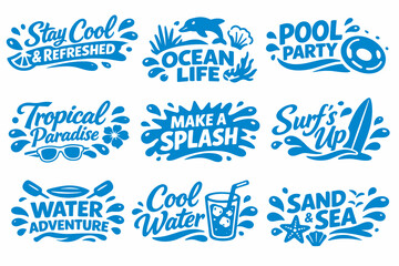 Obraz premium Collection of nine blue summer badges including ocean life, pool party, surfing and tropical paradise designs for beach themed branding.