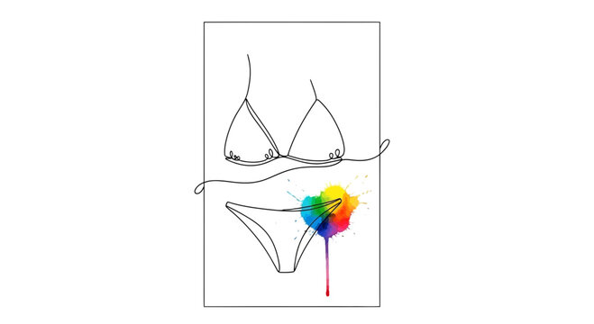 Minimalist Bikini Line Art with Rainbow Watercolor Splash
