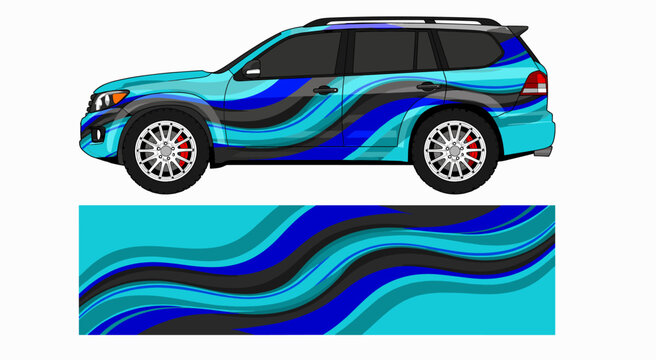 Blue layered wave pattern car wrap decal.