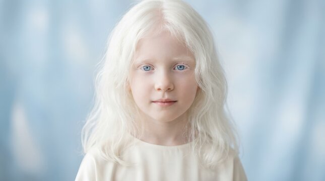 Portrait of a young child with albinism against a soft blue background