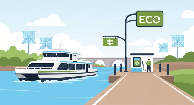 Flat vector illustration of a modern electric catamaran ferry near a waterfront charging station with solar panels, green energy signs, and a person standing on the dock.