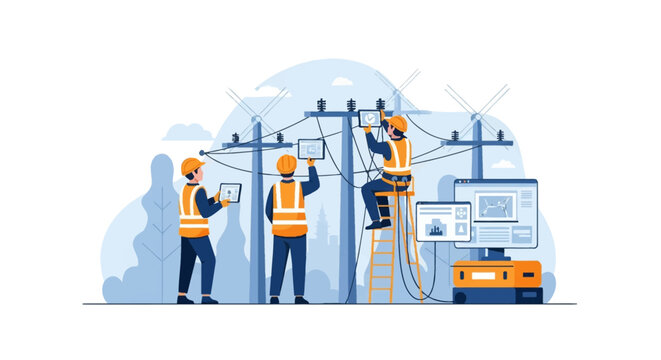 Professional electric utility workers in high-visibility vests and hard hats maintaining power lines and electrical infrastructure using digital tablets and monitoring screens.