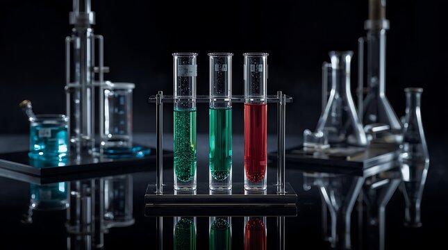 Laboratory glassware with colorful liquids in test tubes and beakers.