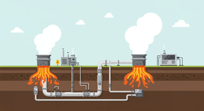 Flat vector illustration of a geothermal power plant showing cross-section of underground magma, thermal energy pipes, steam production vents, and surface industrial facility.