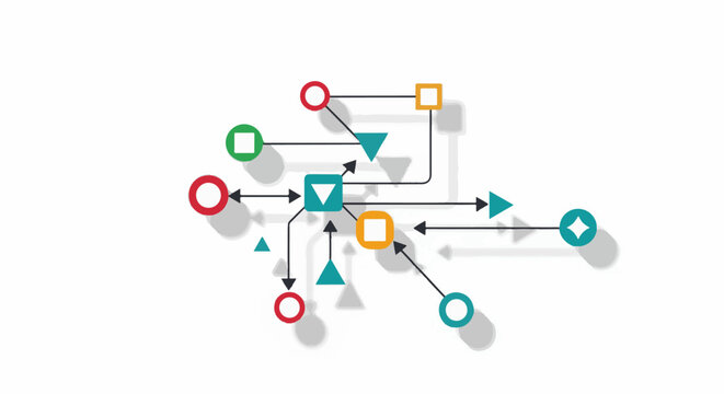 A flowchart with colorful shapes and arrows on a white background
