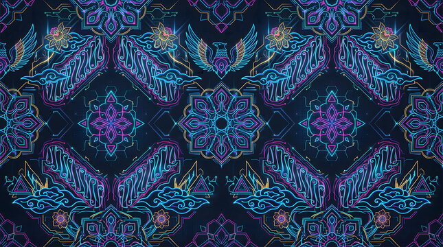 Futuristic Batik Vector Illustration Fusion Traditional Indonesian Motifs With Modern Geometric Elements Cyber Ethnic Ornamental Background