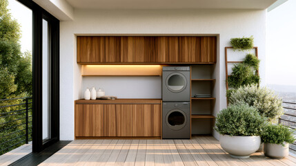 Obraz premium Modern balcony laundry area with wooden cabinets, stacked washer dryer, potted plants, city view, and natural sunlight create fresh atmosphere