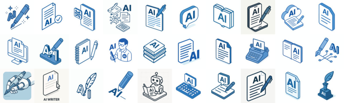 isometric AI Writer vector icon in blue