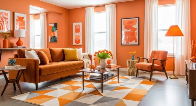 A vibrant orange and white living room with a geometric rug, orange sofa, and orange armchair, featuring abstract art on the walls and a wooden coffee table.