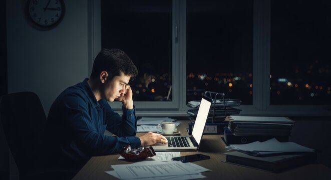 A man sitting at a desk with a laptop, working late at night with a clock on the wall and a window with city lights in the background.