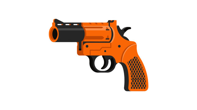 Orange Revolver Gun Illustration, Isolated on White Background, Modern Design