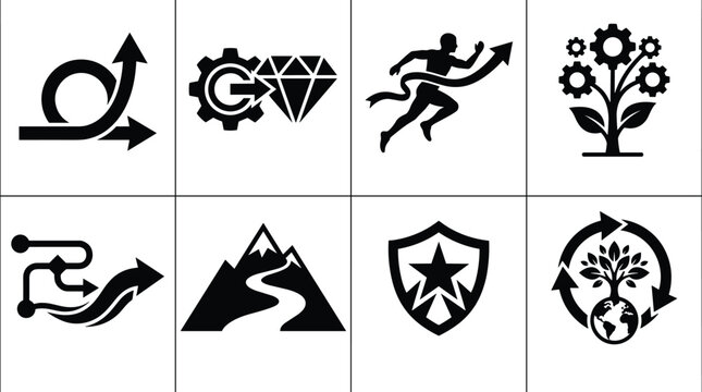Business agility and corporate performance icon set with strategy execution growth optimization and sustainable victory symbols
