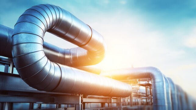 Industrial pipeline structure close-up, metallic silver tubes against blue sky,