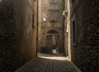 Obraz premium Narrow cobblestone alley with rustic stone buildings and soft sunlight in a historic European town