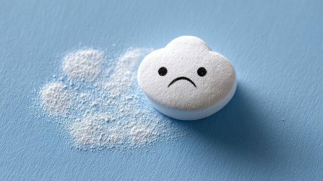 A playful little eraser erasing a grumpy cloud from a drawing, with space in the top left.