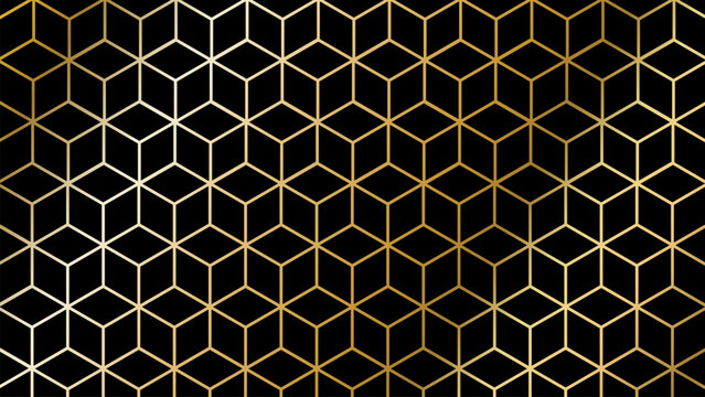 golden geometric isometric cube pattern abstract black background with fading luxury gold line grid texture for premium branding and VIP ornament